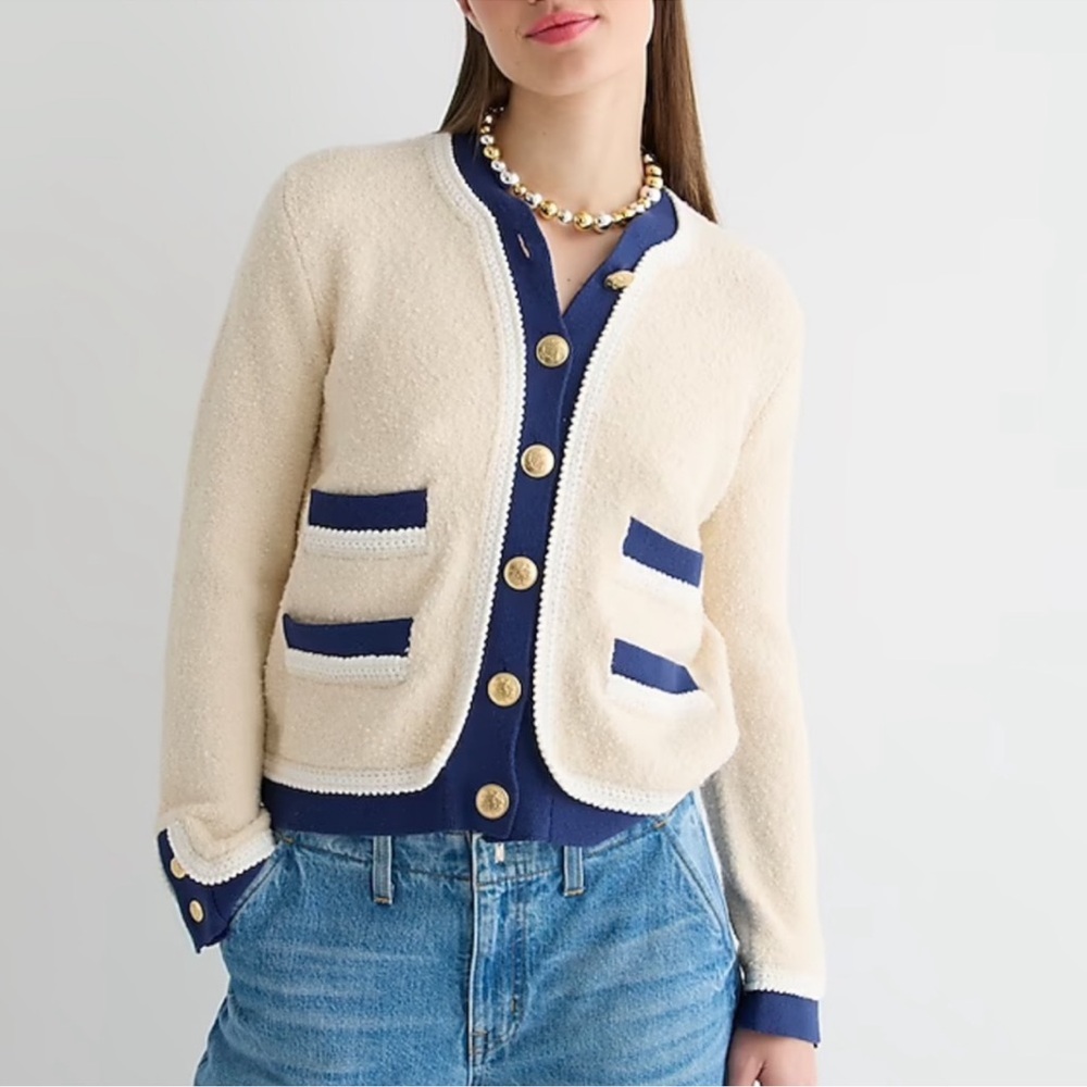 J. Crew Cream Button Cardigan with Blue Accents M